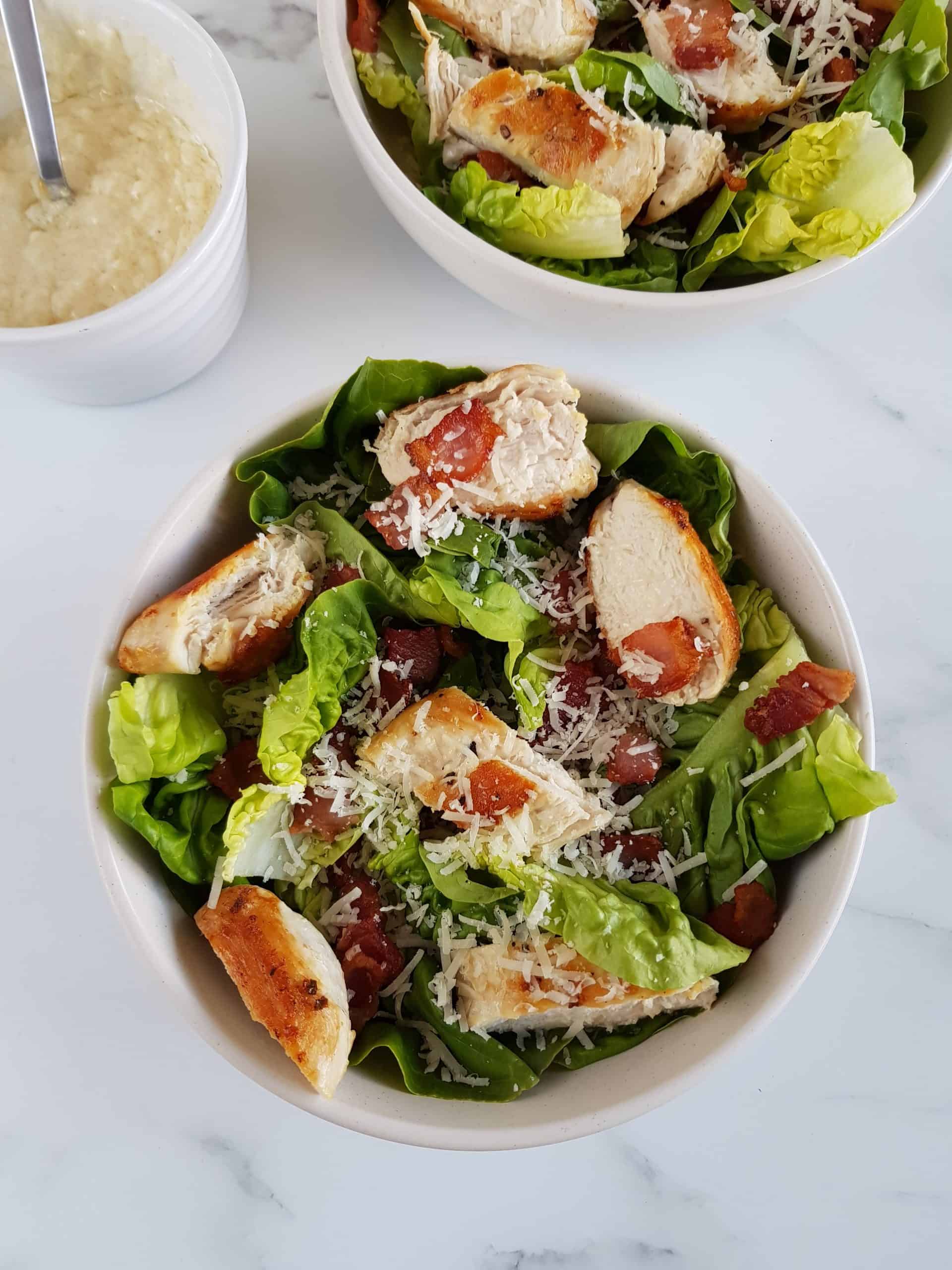 keto caesar salad in bowls.