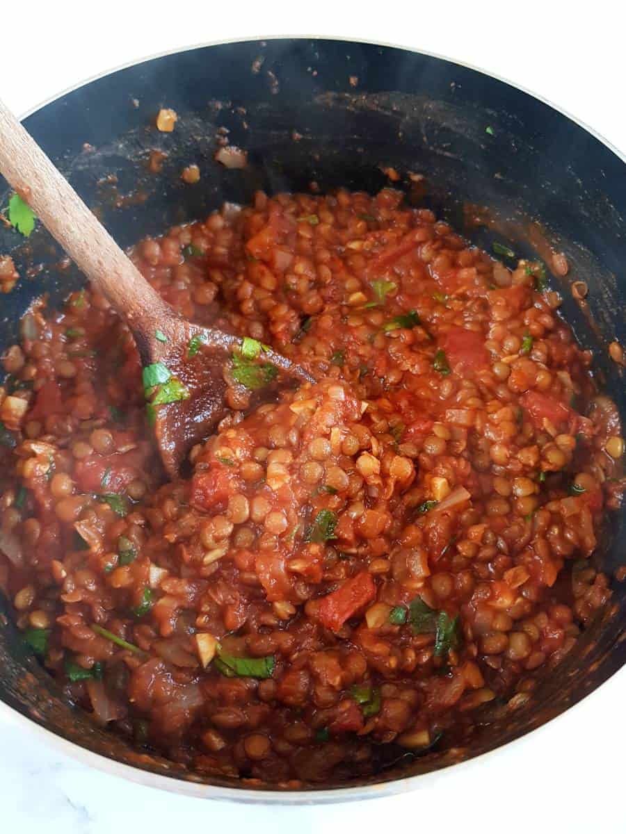 lentil tomato sauce in a pot.