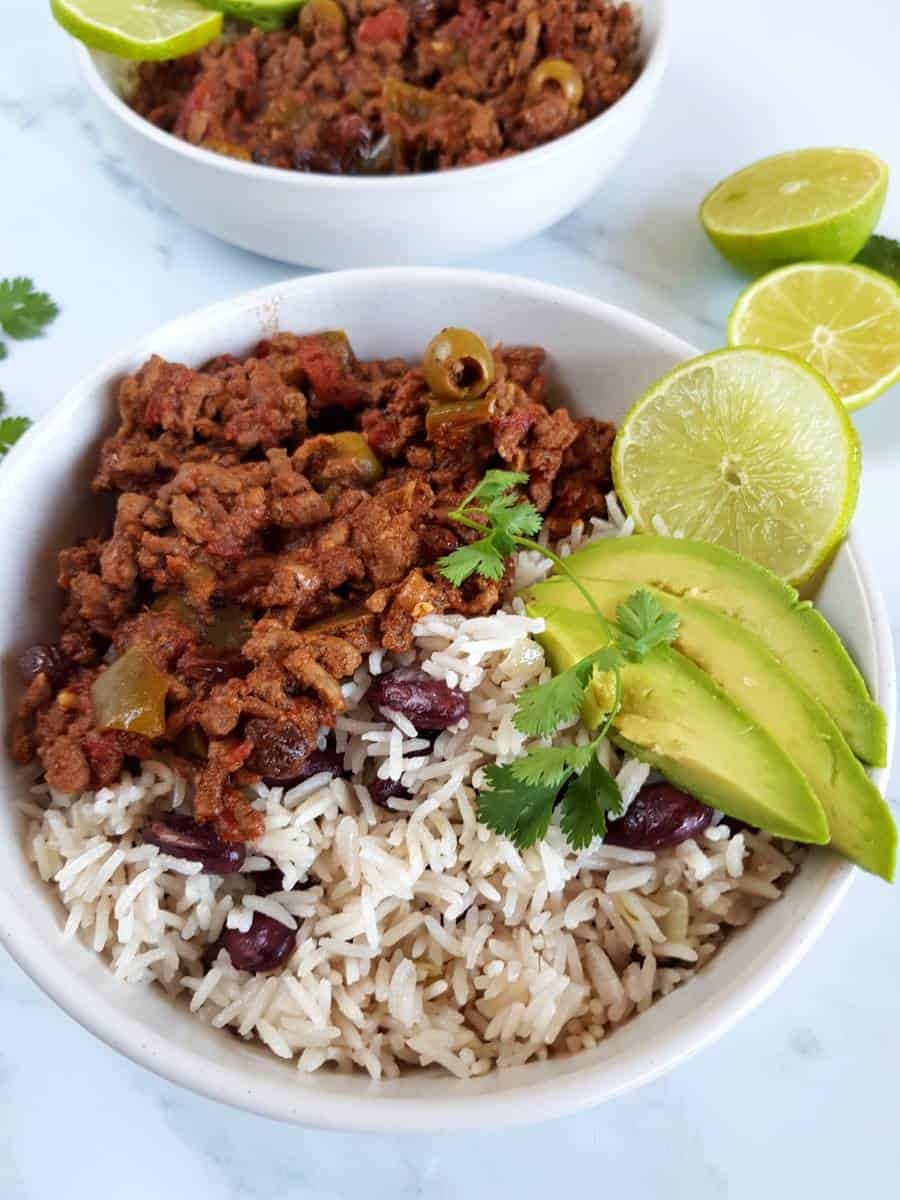 Coconut rice and red beans.