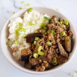 Ground pork and eggplant skillet meal.