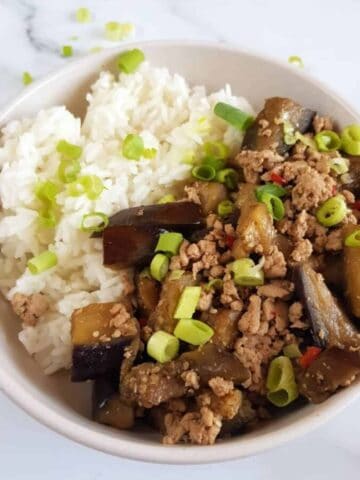 Ground pork and eggplant skillet meal.