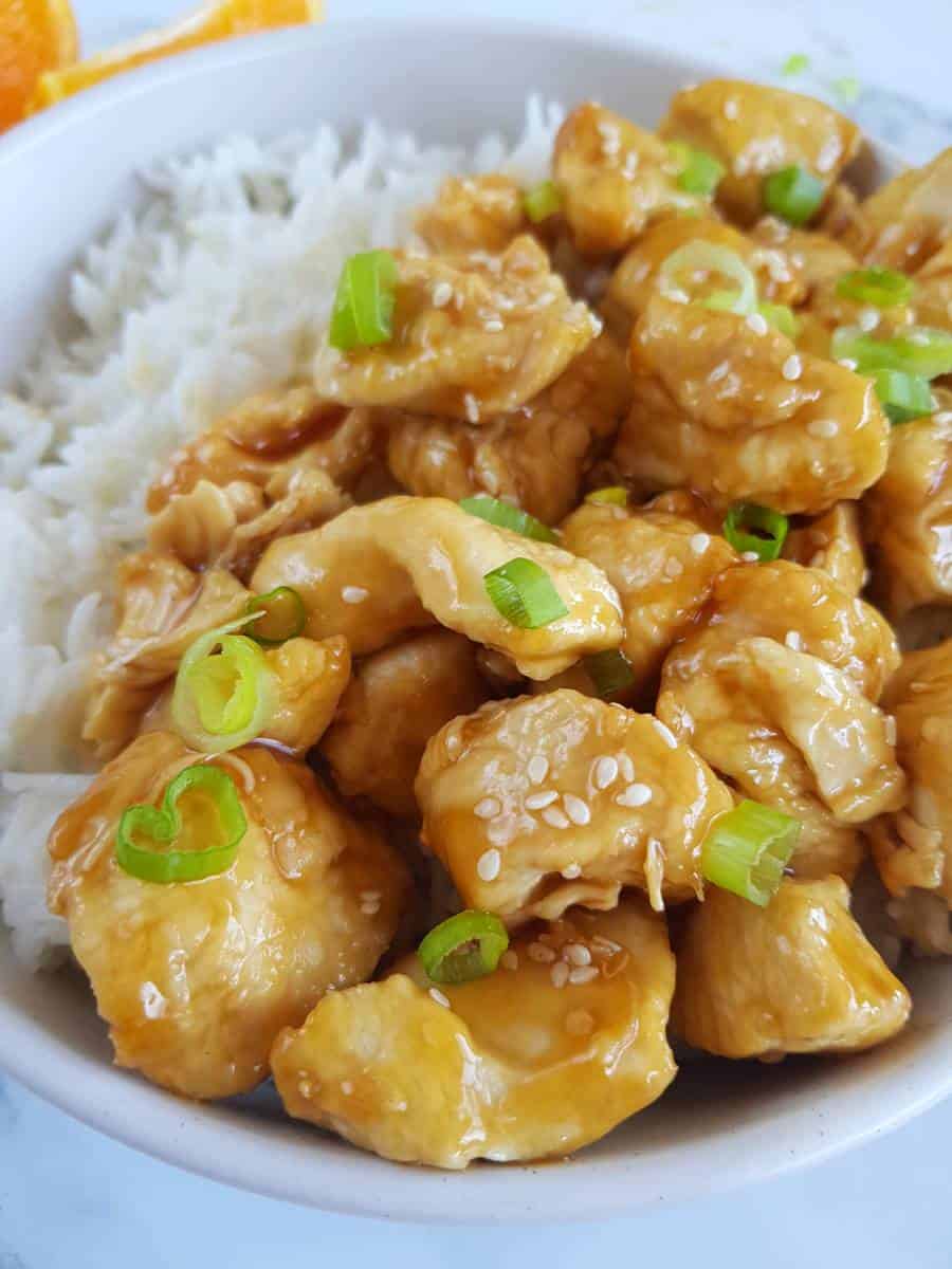 Orange chicken with rice.