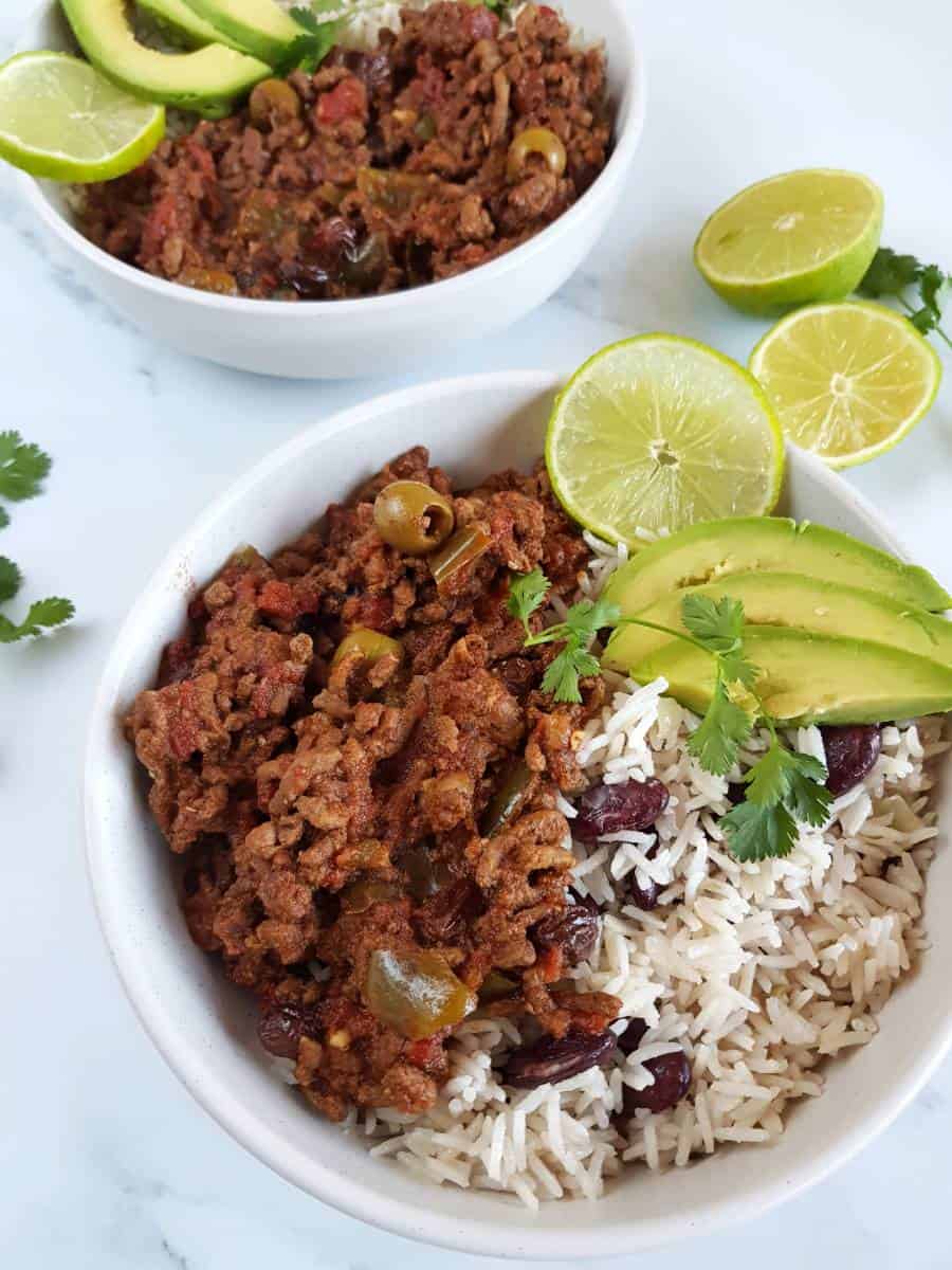 Picadillo and rice with beans.