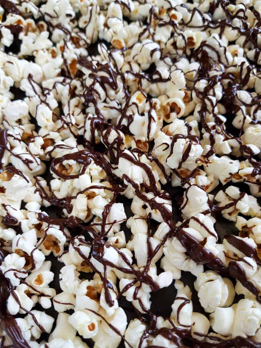 Popcorn with chocolate drizzle.