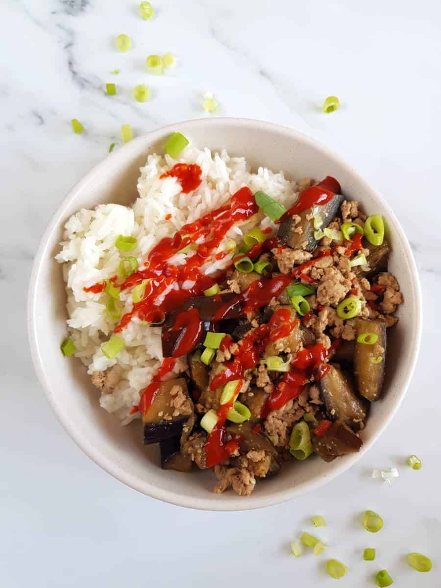 Pork and eggplant with sriracha.