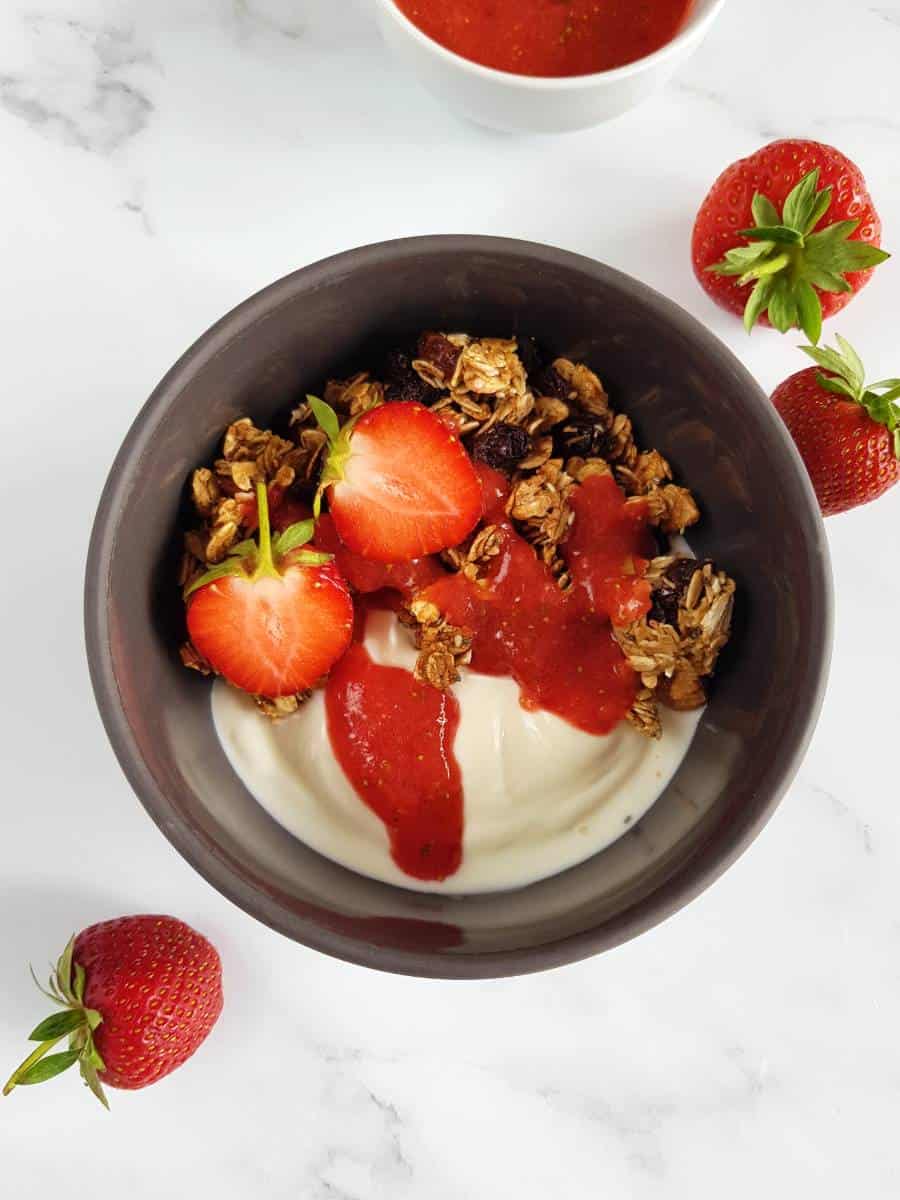 Strawberry basil sauce on granola.