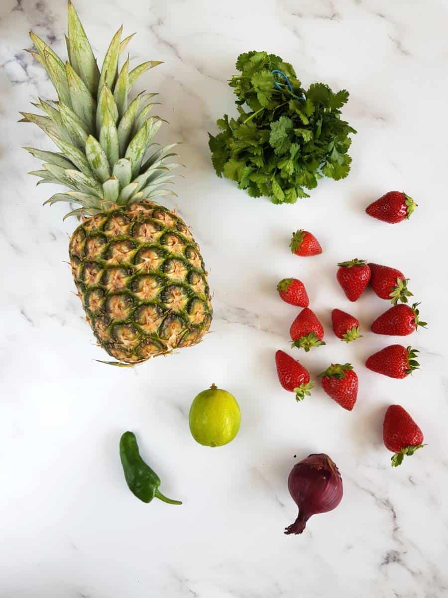 Strawberry pineapple salsa ingredients.