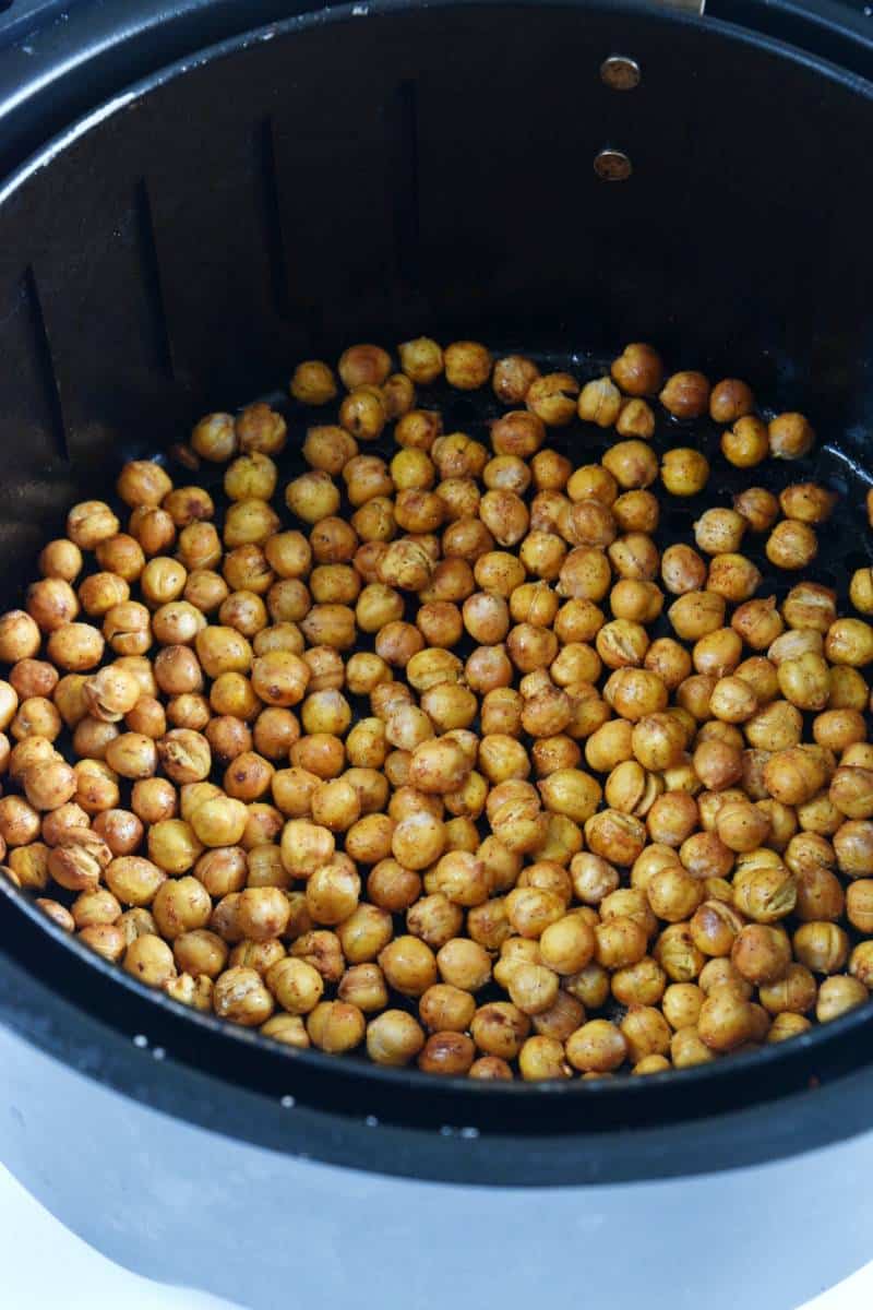 Air fryer chickpeas in an air fryer.