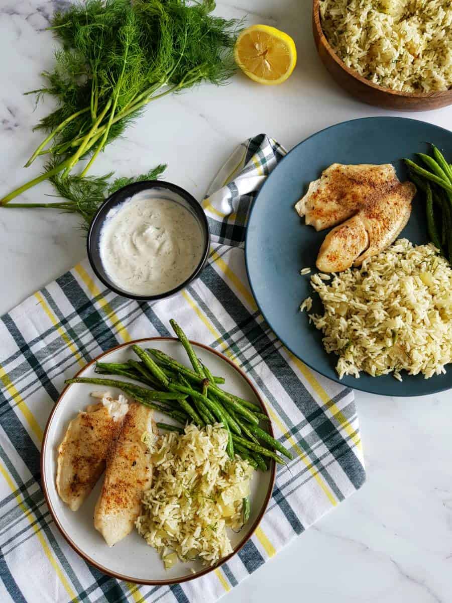 Air fryer tilapia on a table.