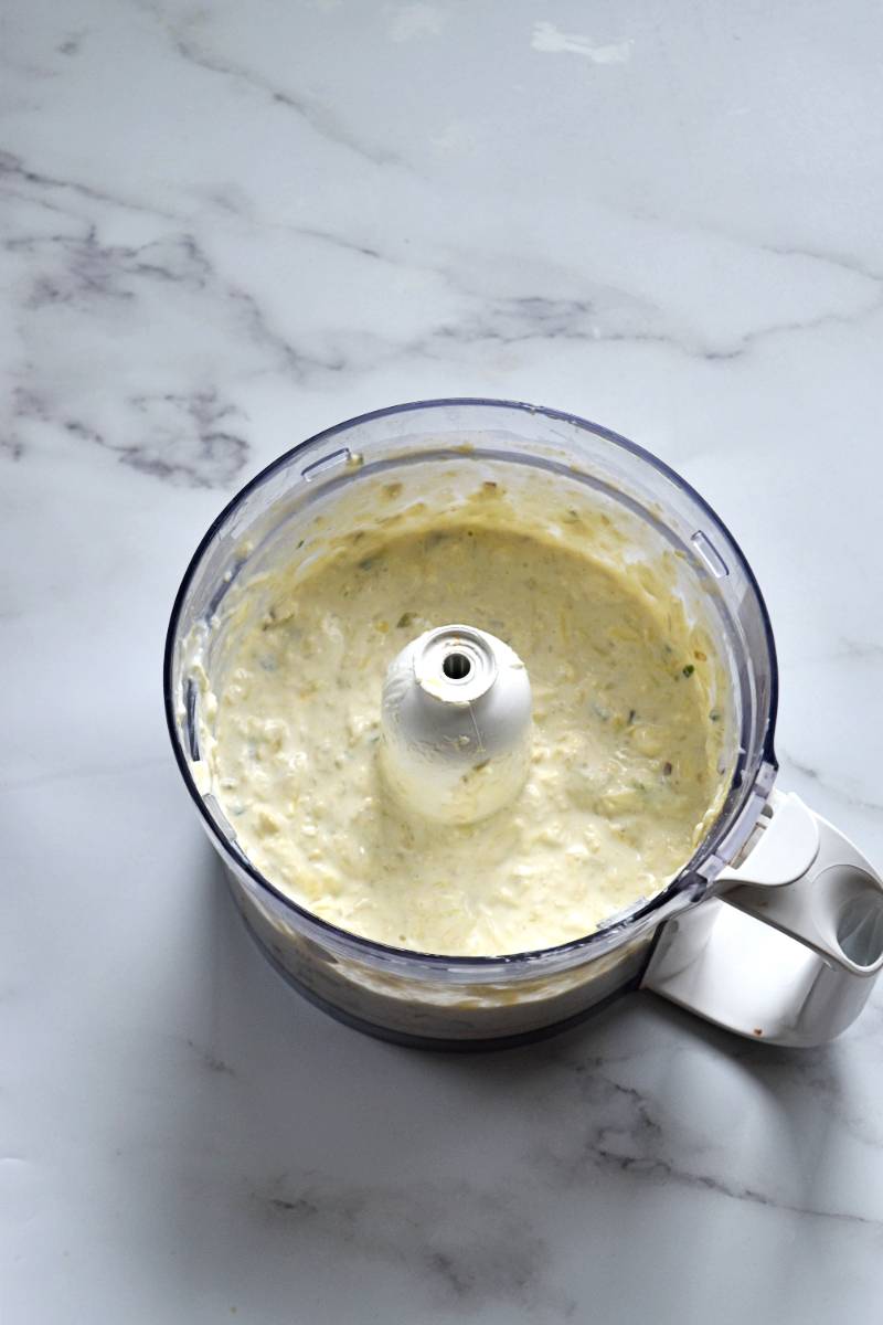 Artichoke jalapeno dip in food processor.