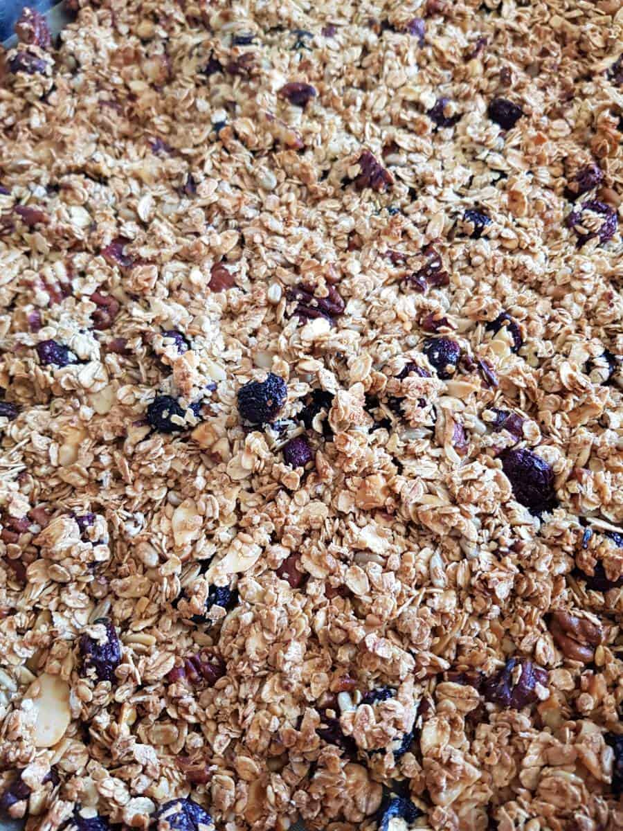 Blueberry granola in baking tray.