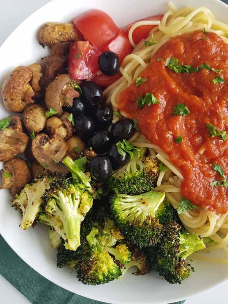 Broccoli, mushroom, vegetables and pasta.