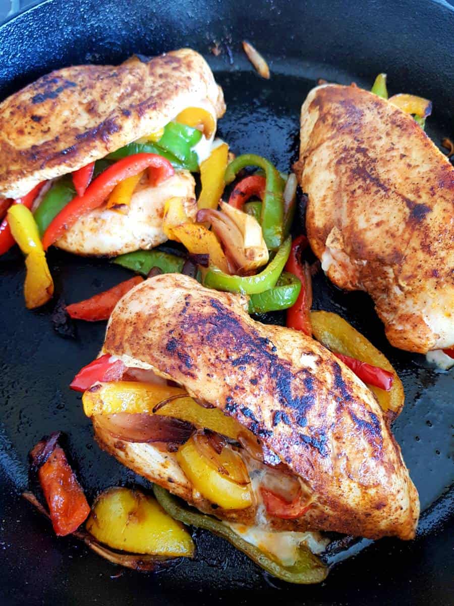 Cast iron fajita stuffed chicken.