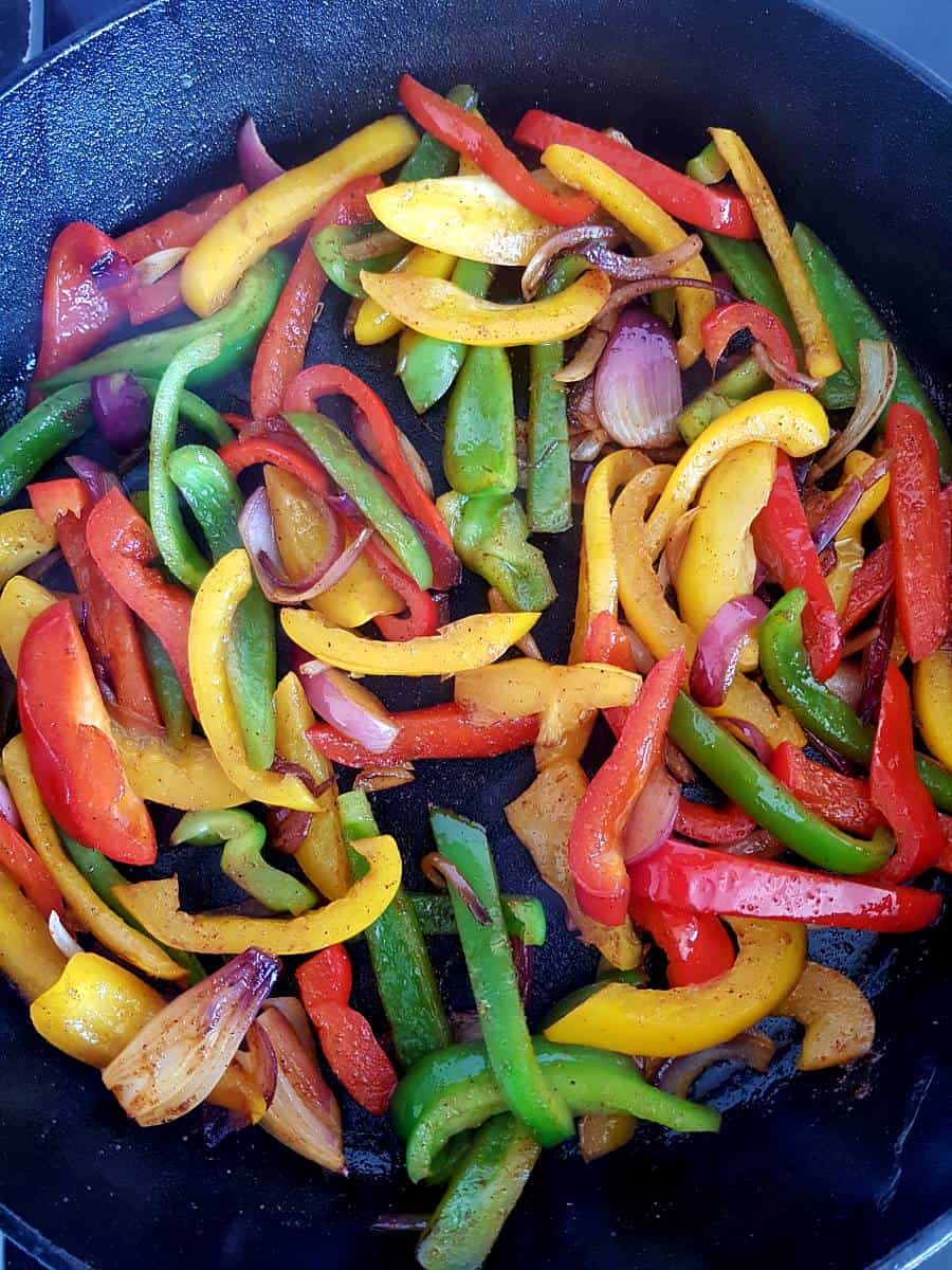 Cast iron peppers and onion.