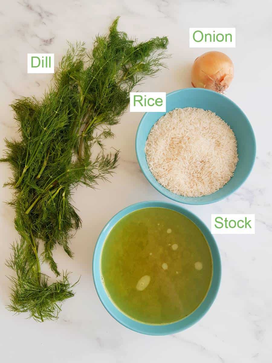 Dill rice ingredients on a table.