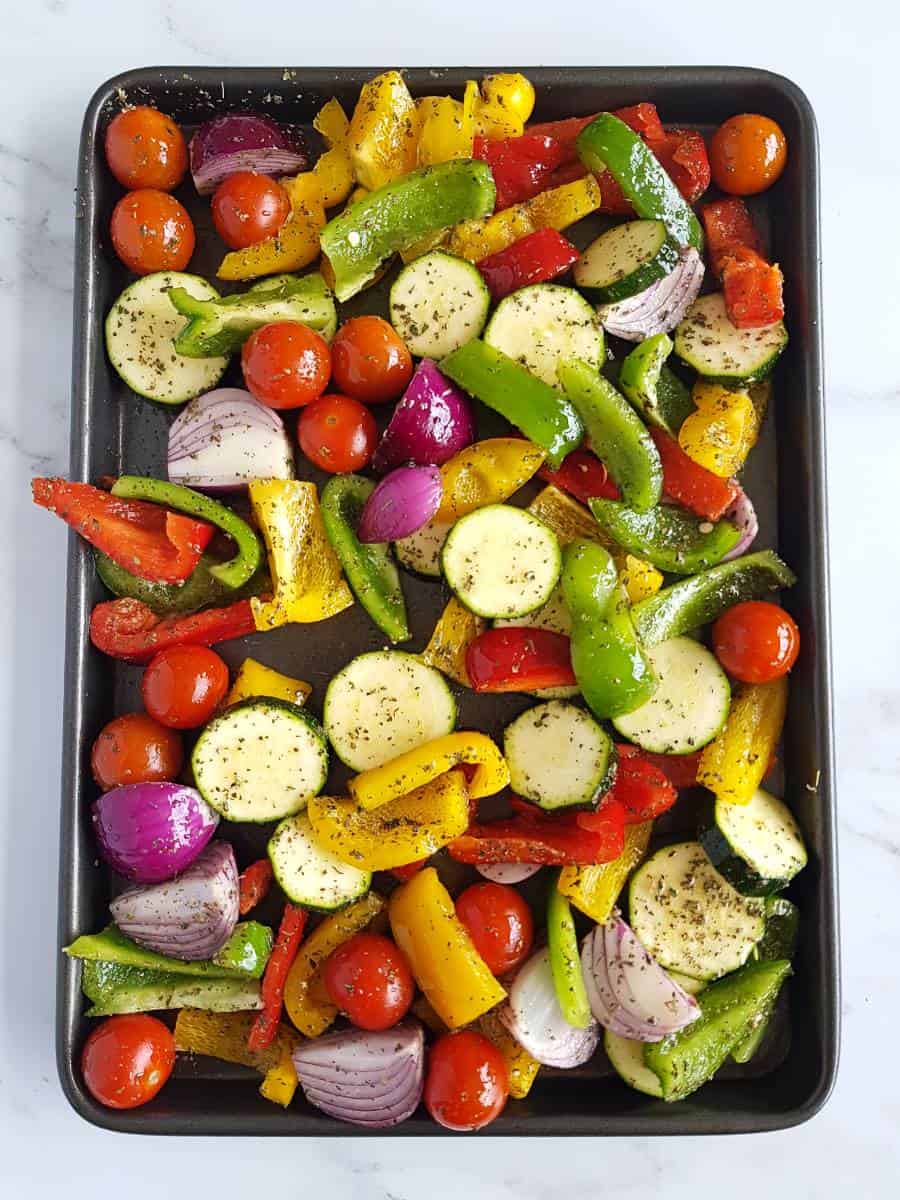 Mediterranean vegetables on a tray.