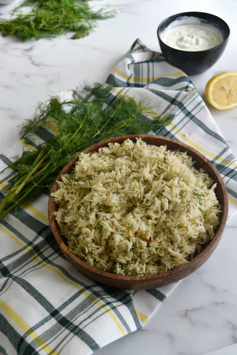 Rice with dill in a bowl.