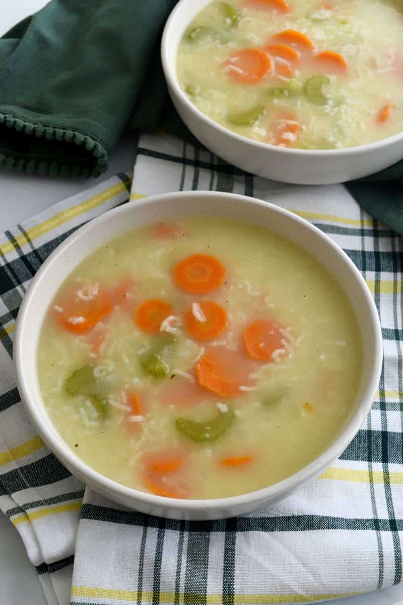 Vegetable rice soup in bowls.
