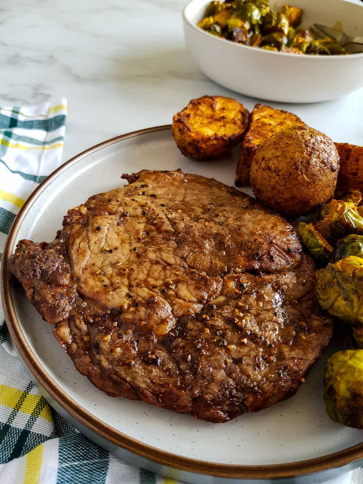 Close up of a cooked steak.