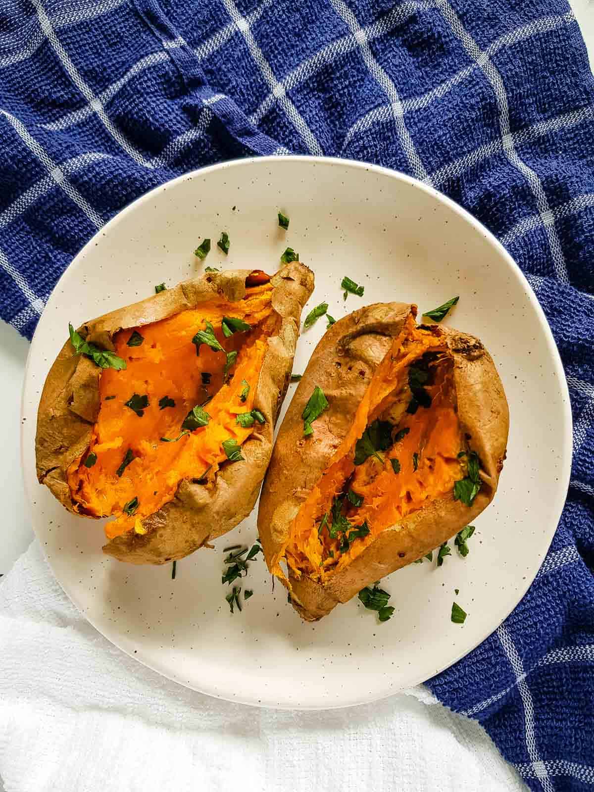 Air fryer sweet potatoes with parsley.