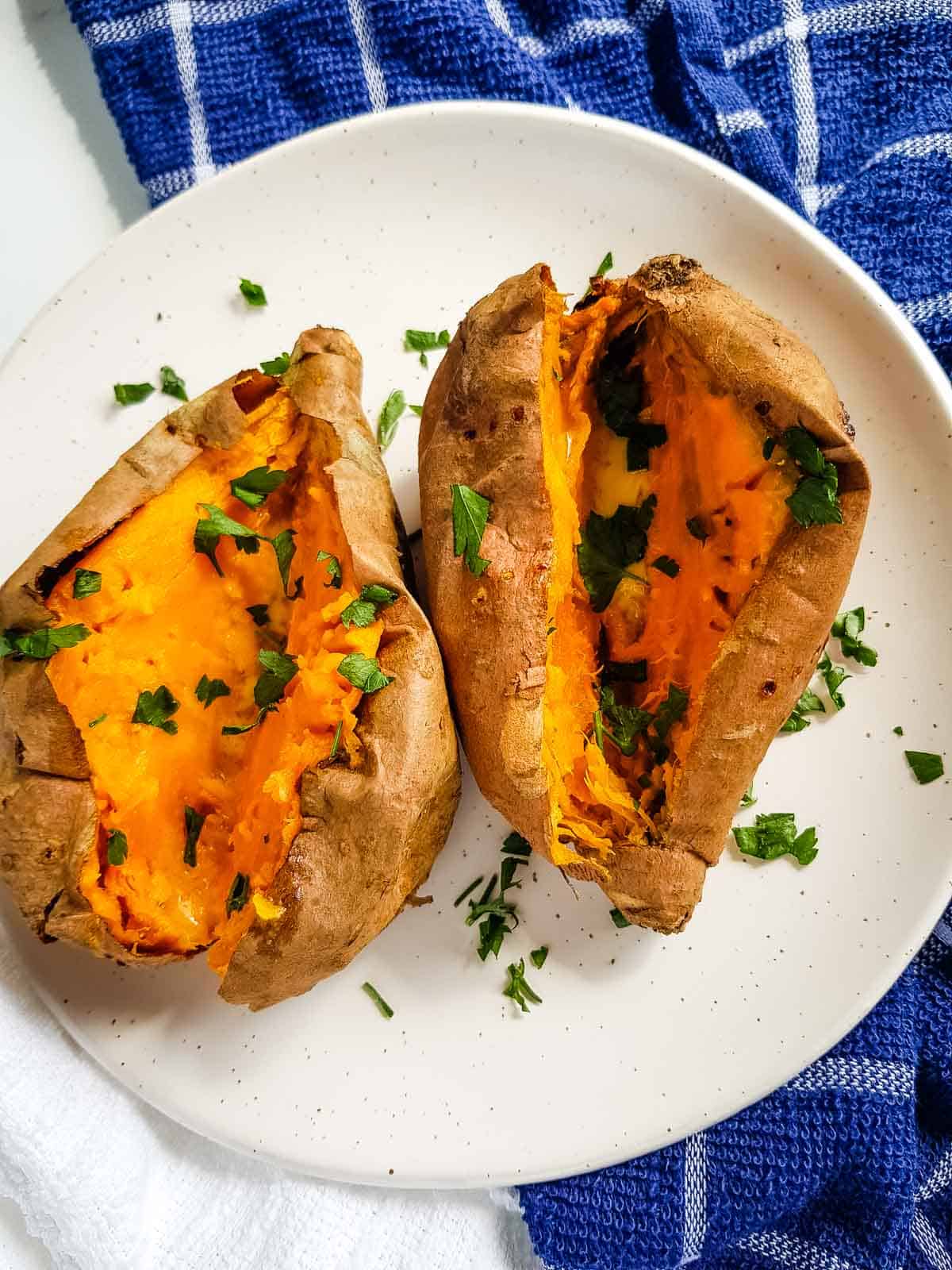 Air fried sweet potatoes on a plate.