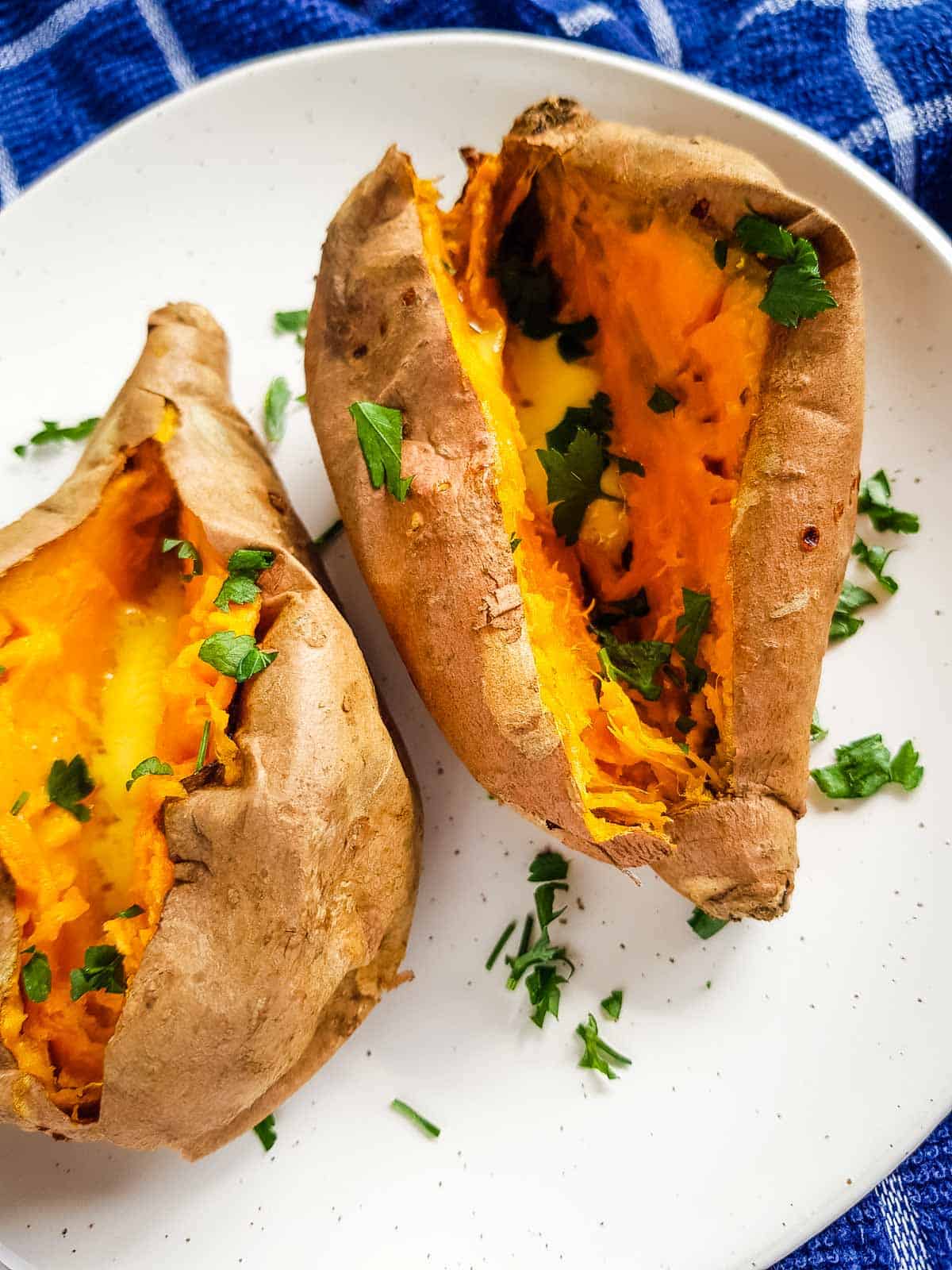 Sweet potato on a white plate.