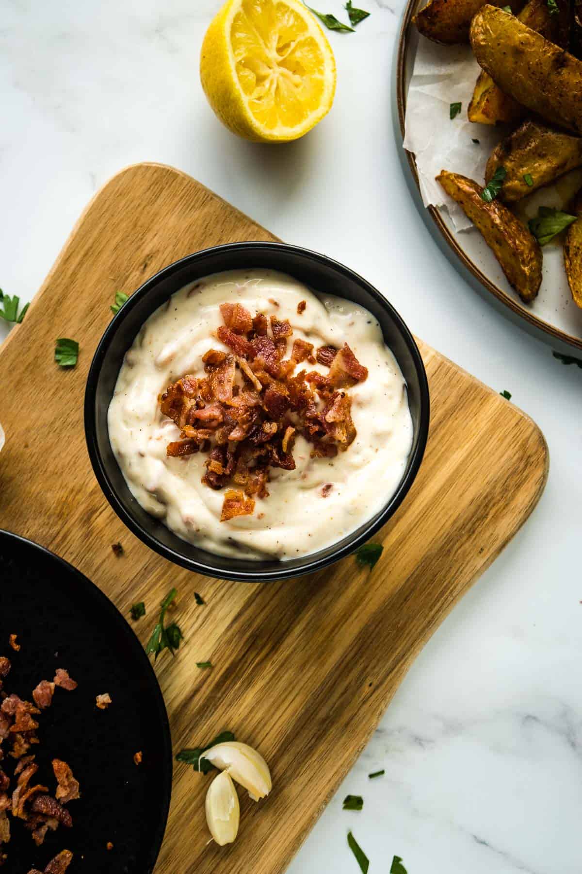 Aioli with bacon in a bowl.