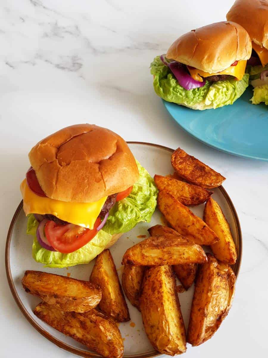 Hamburgers and potato wedges.