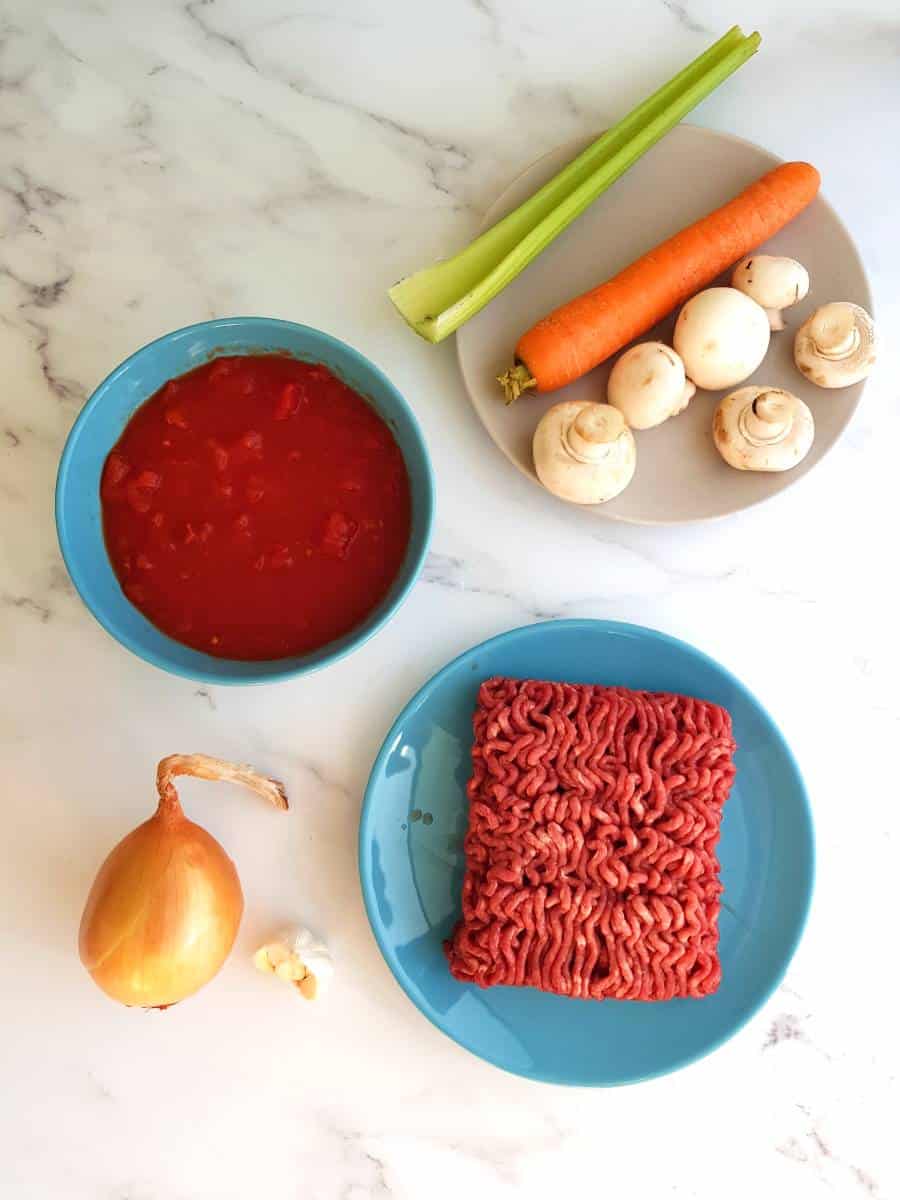 Healthy bolognese ingredients.