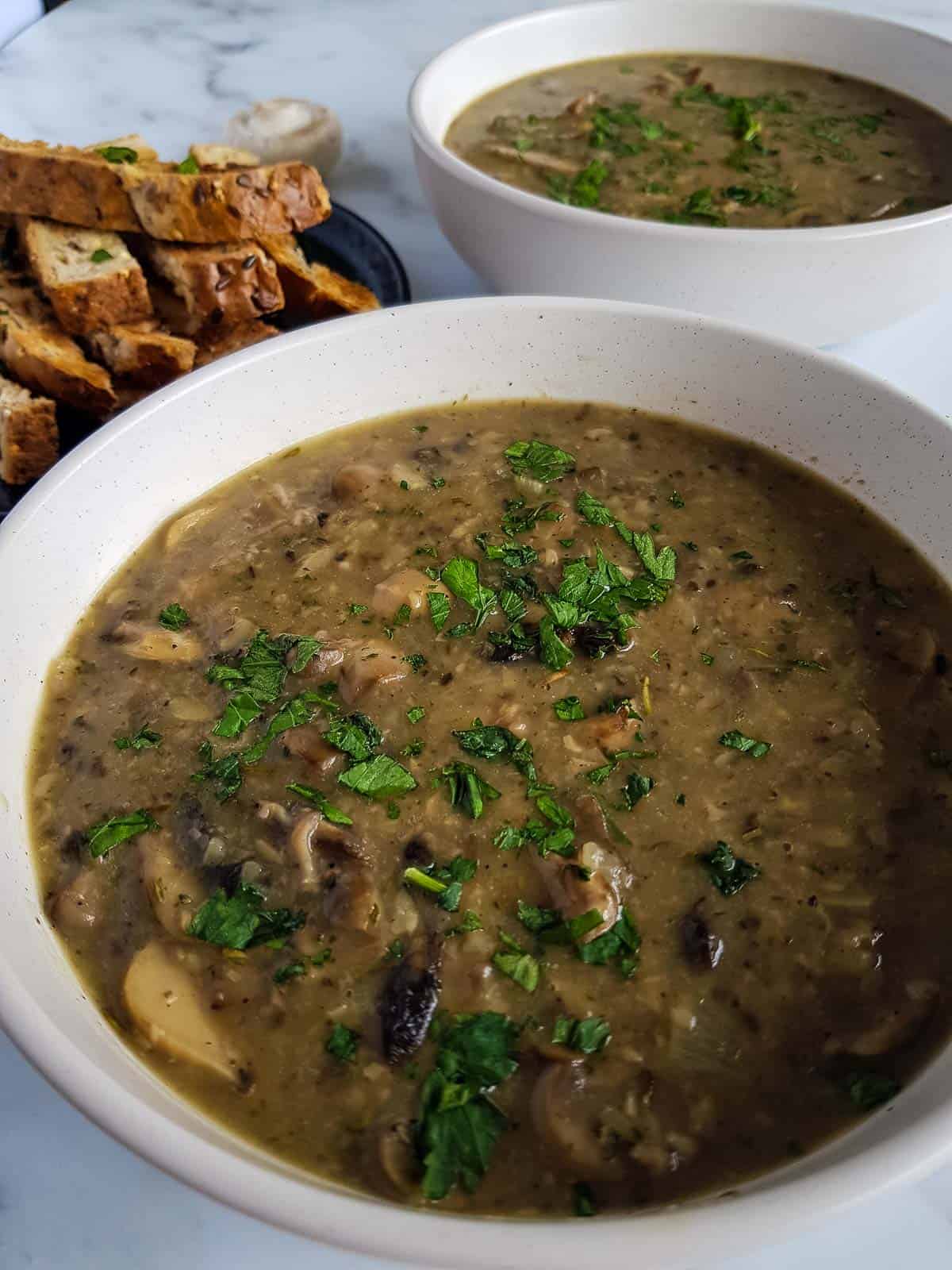 Close up of a rich mushroom soup.