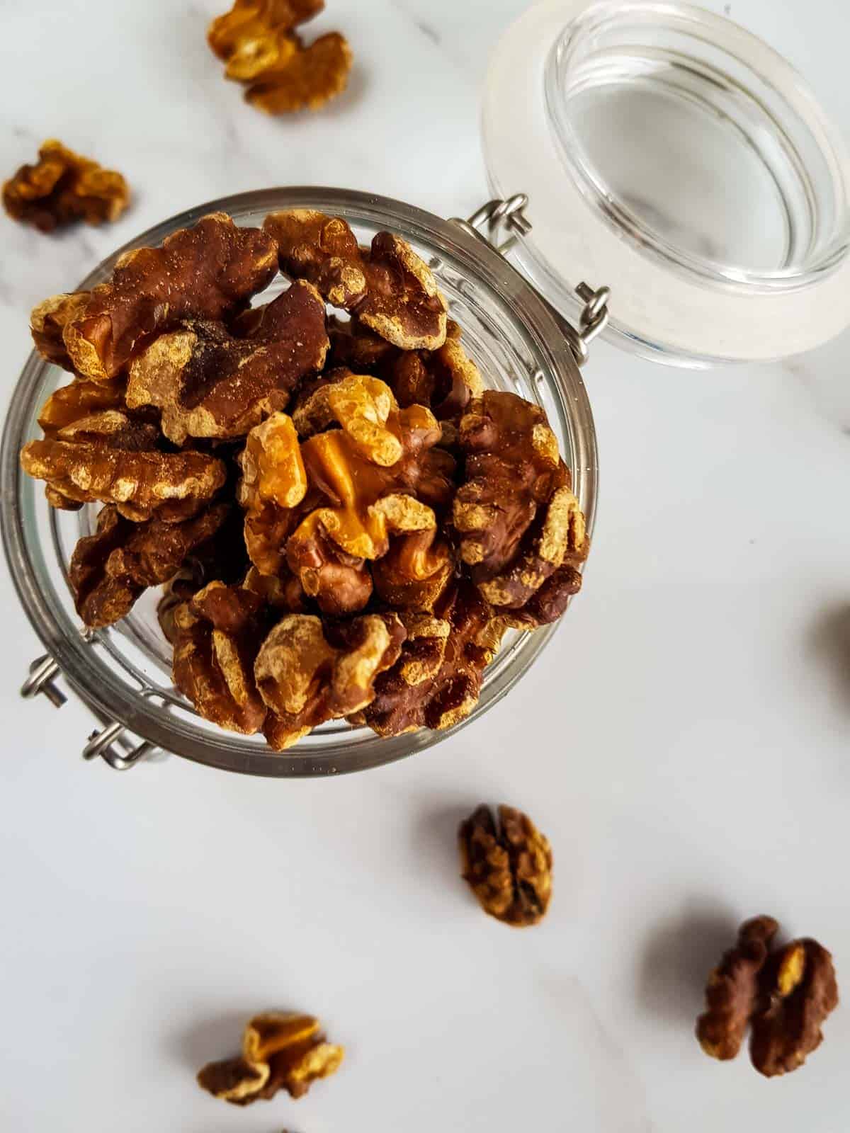 Jar of roasted walnuts.