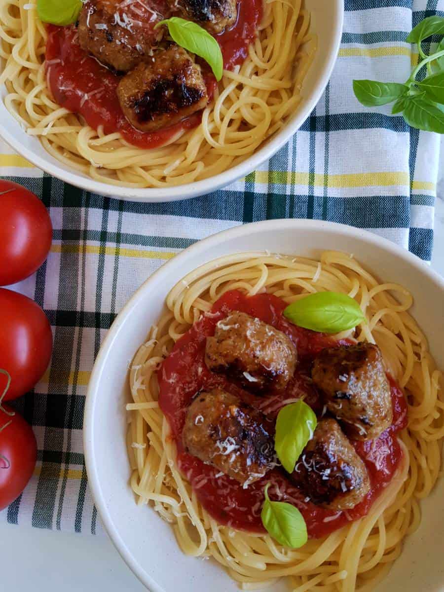 Spaghetti with sausage meatballs.