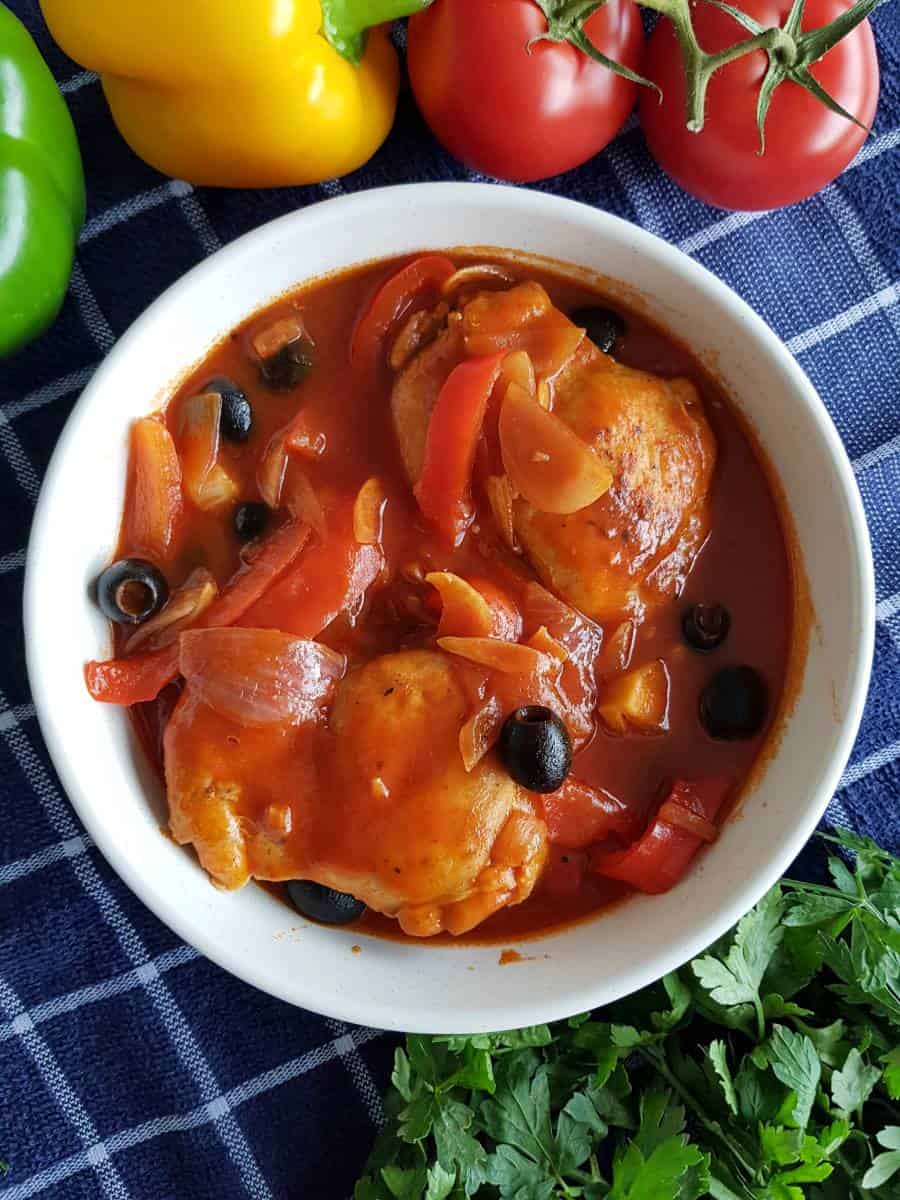 Spanish chicken stew in a bowl.