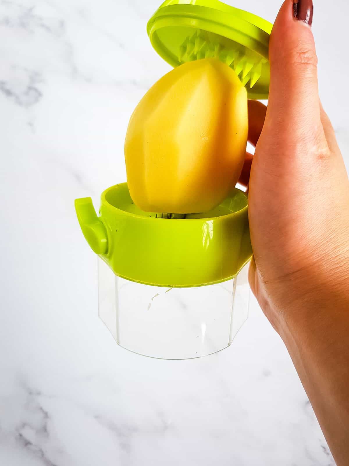 A potato in a small spiralizer.