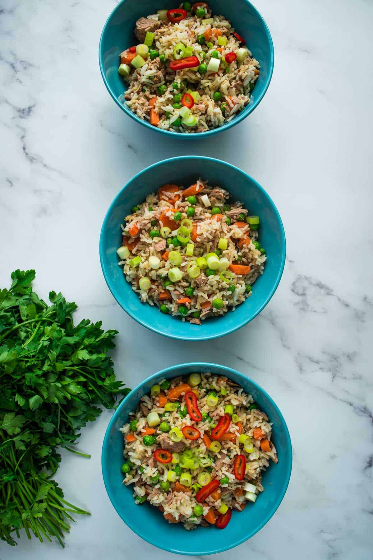 Tuna fried rice in bowls.