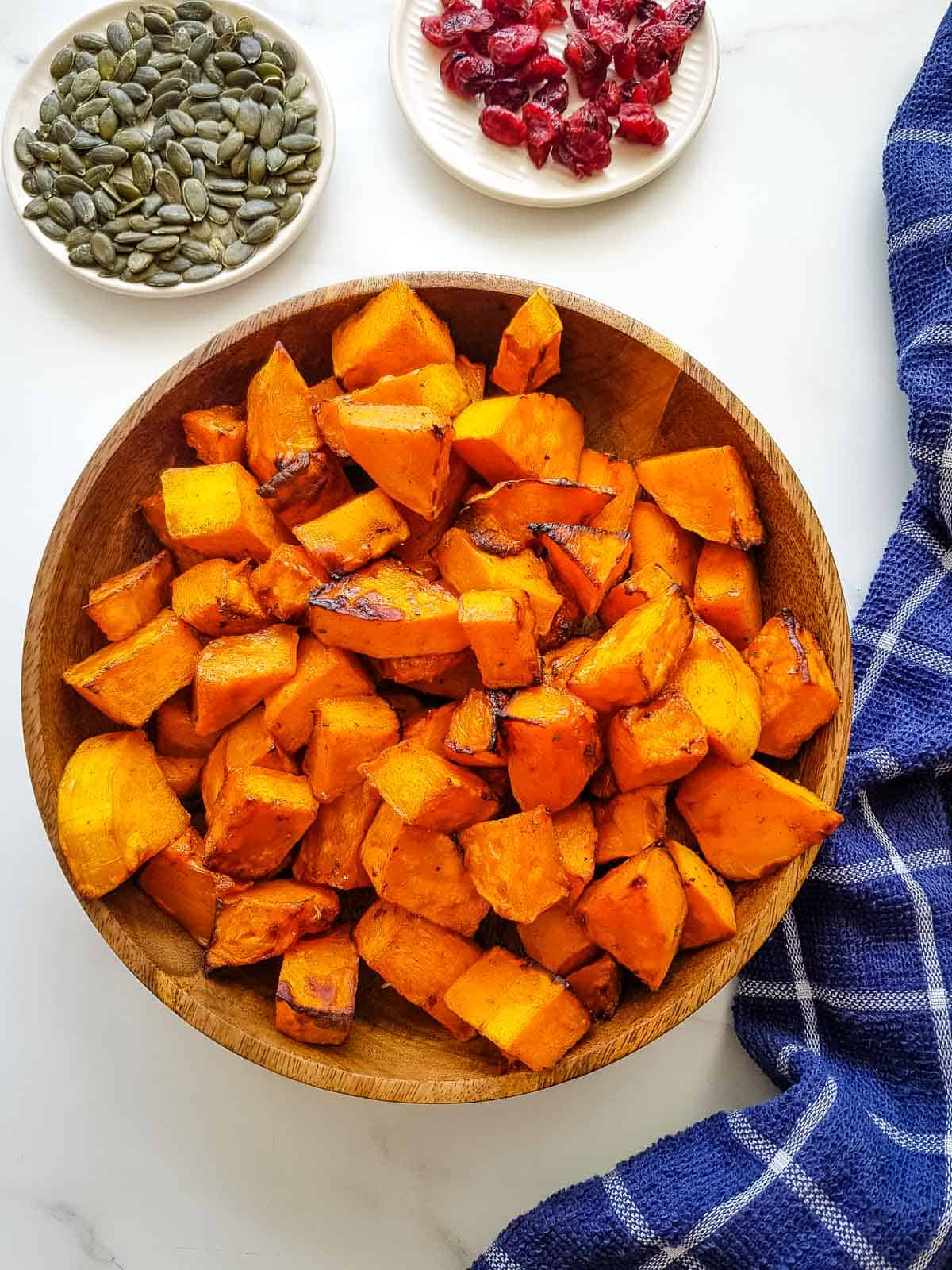 Air fried butternut squash in a bowl.