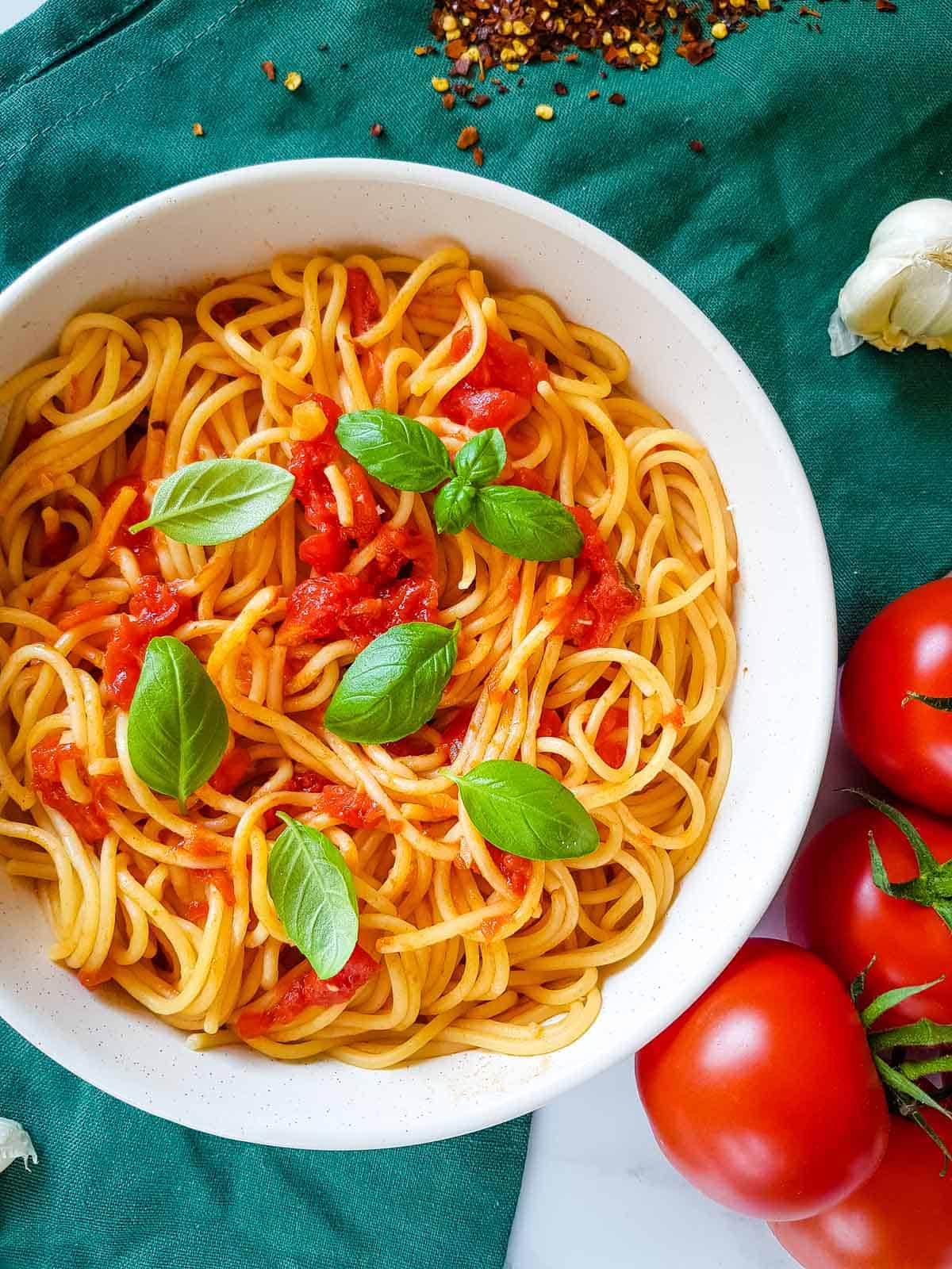 Pasta arrabbiata in a pasta bowl.