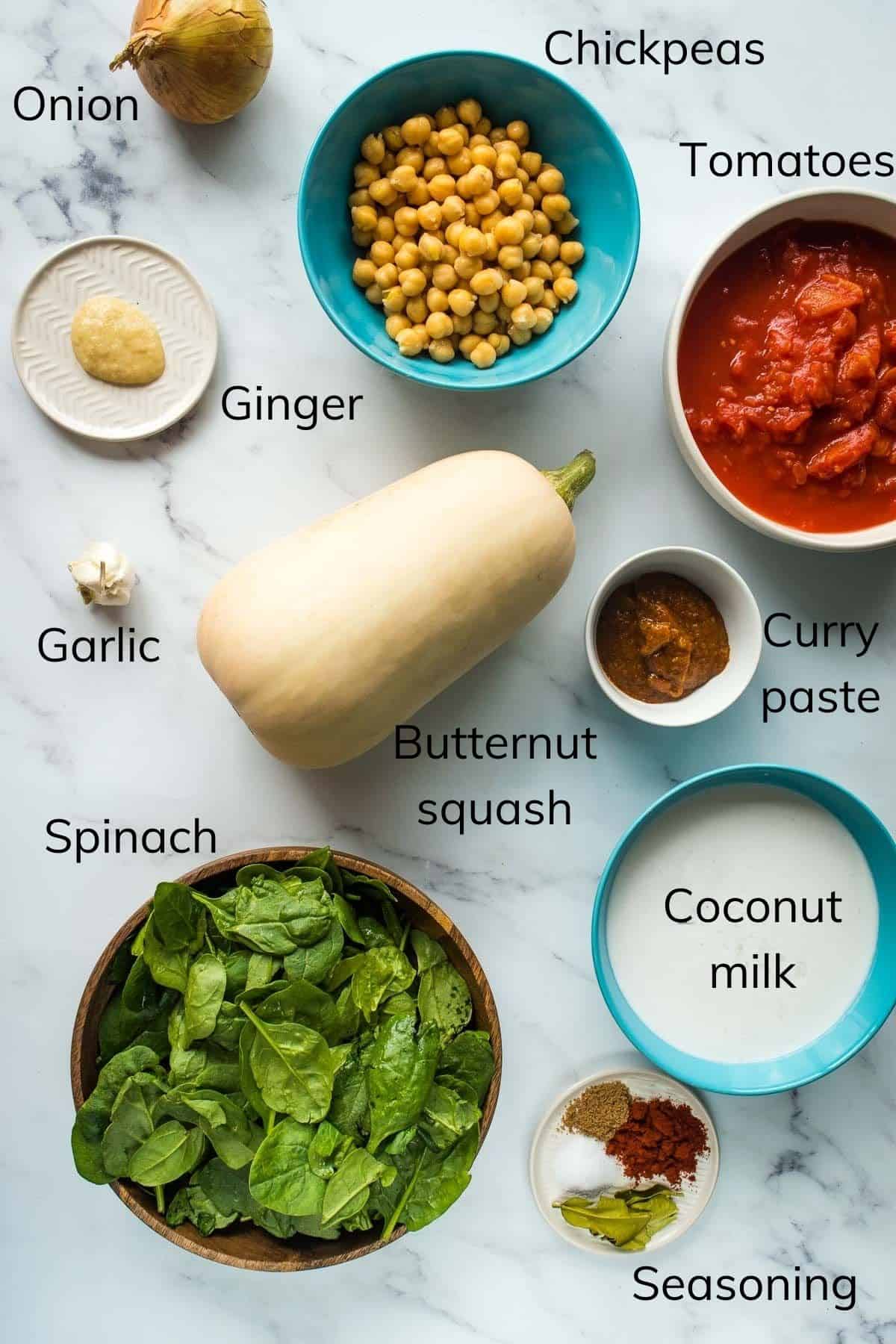 The ingredients required to make butternut squash curry.