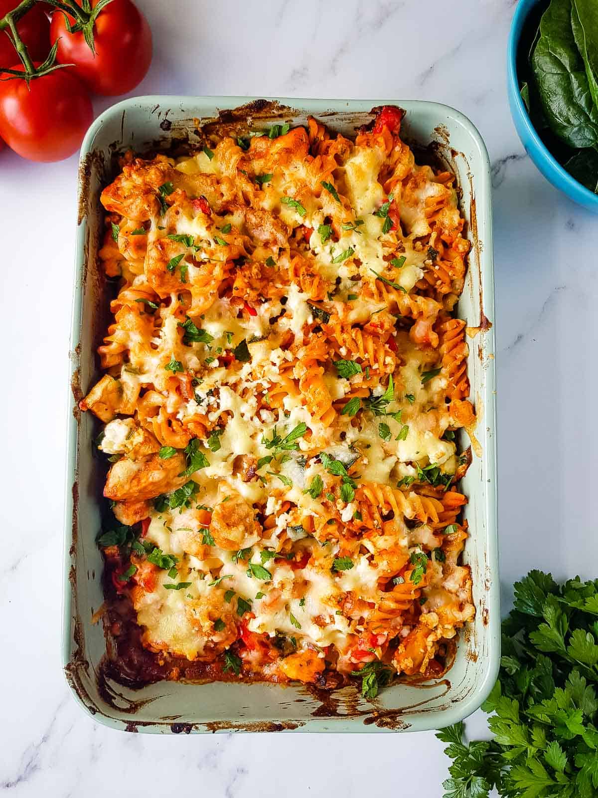 Chicken and Bacon Pasta Bake in a baking dish.