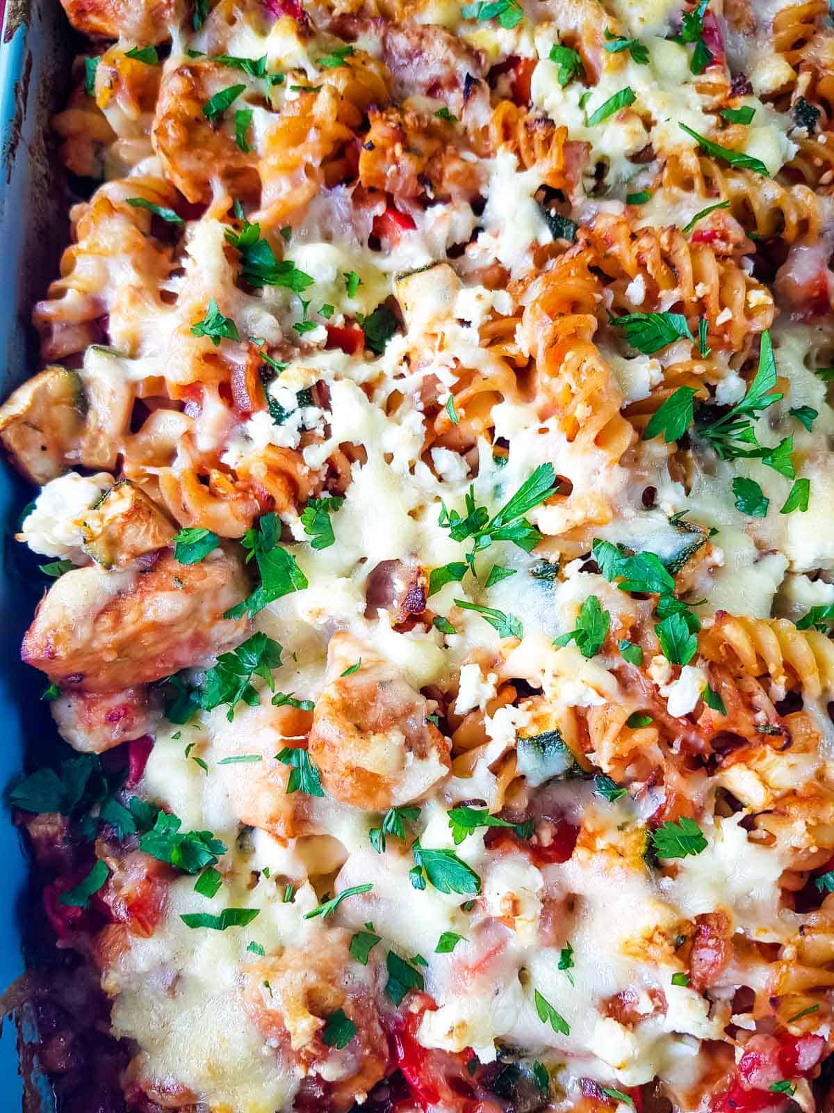 Close up of chicken and bacon pasta bake.