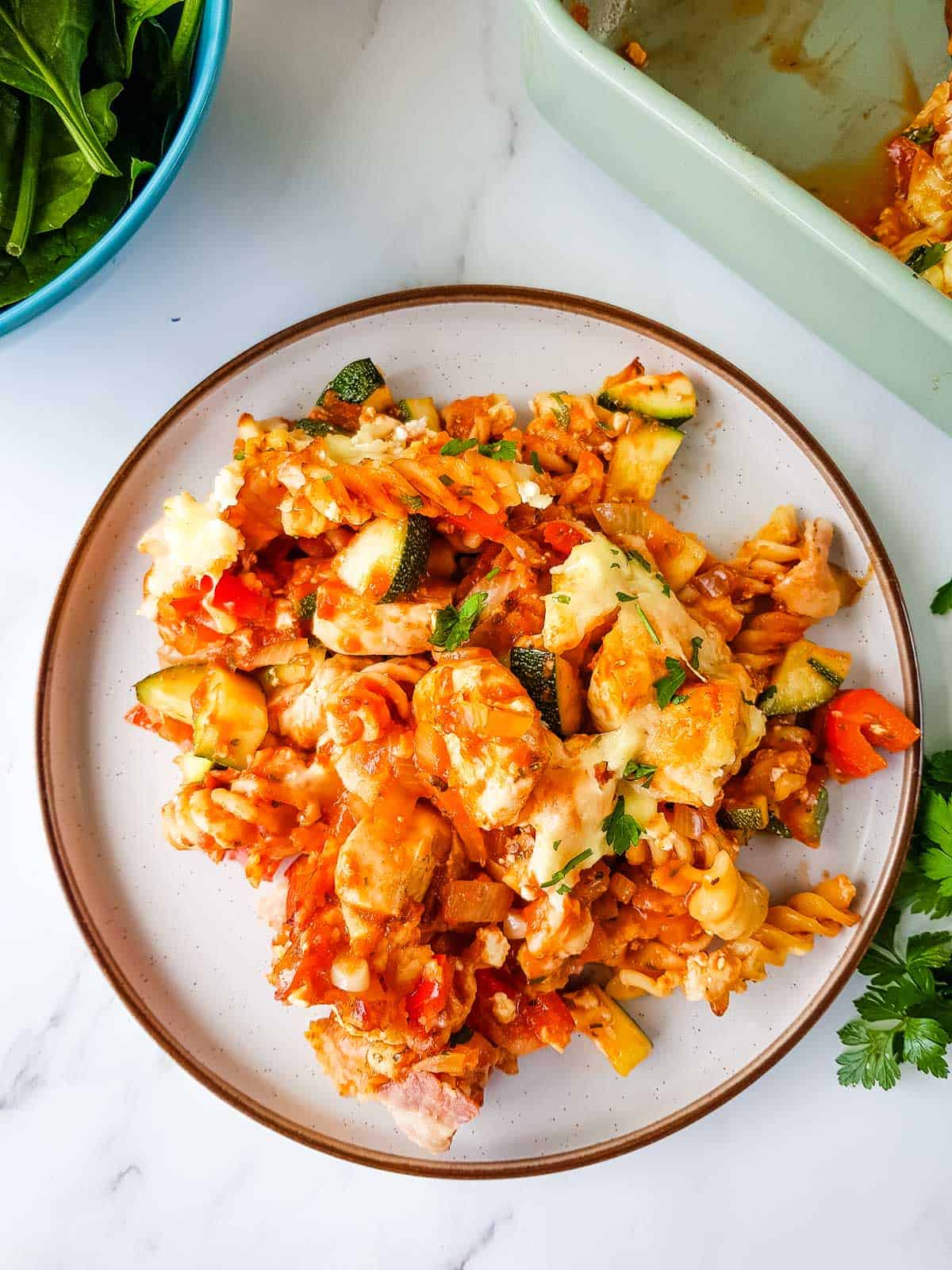 Chicken and Bacon Pasta Bake on a plate.