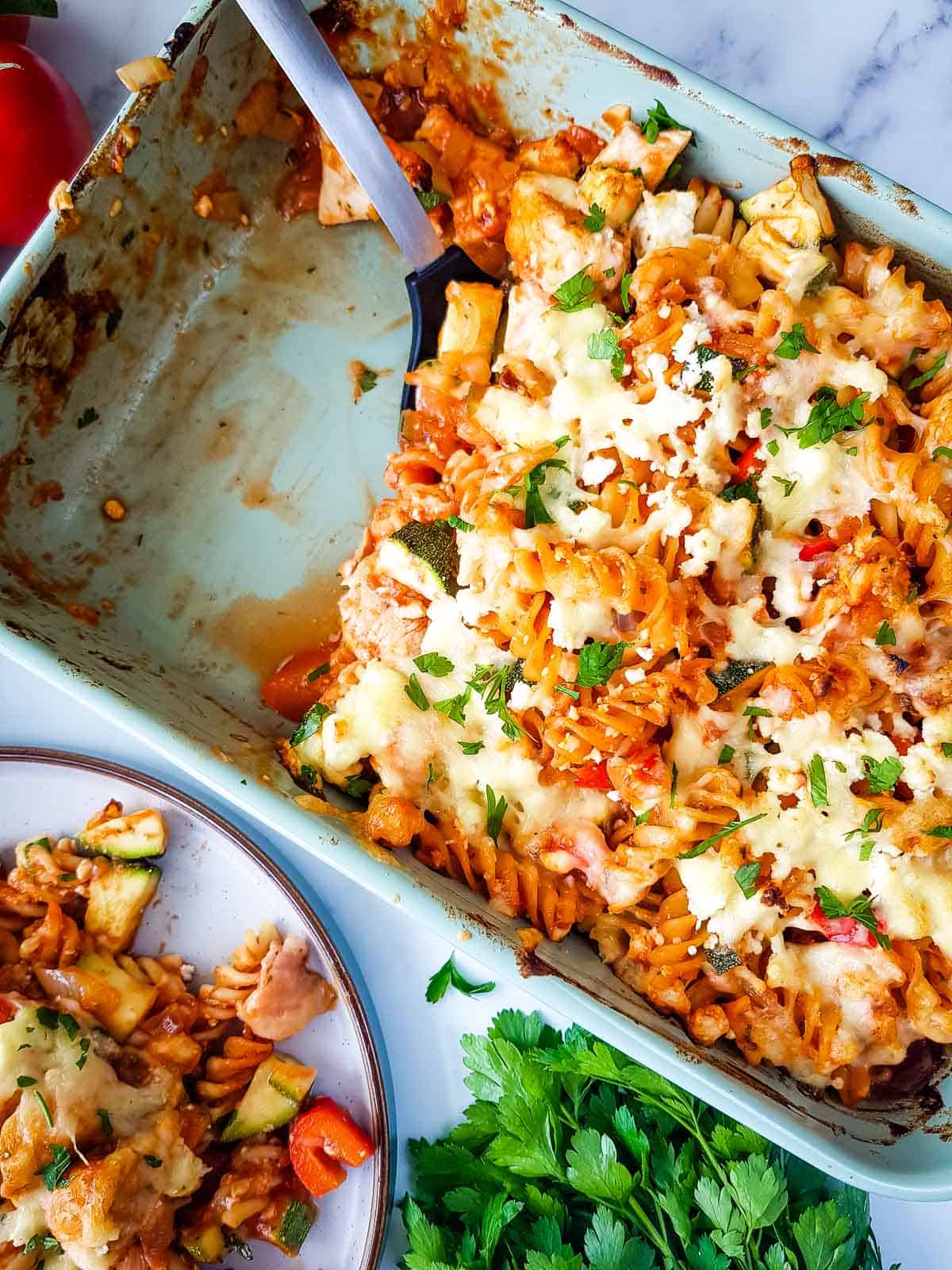 Pasta bake in a baking tray.