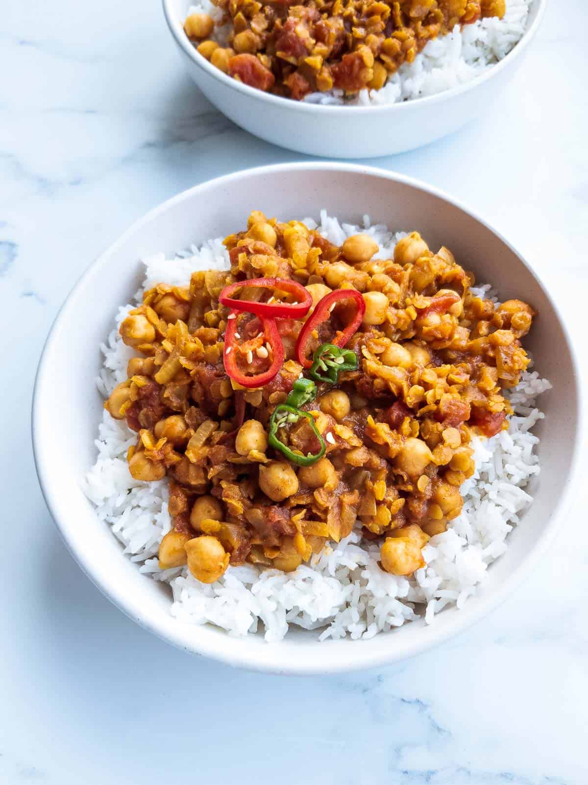 Chickpea and lentil curry over rice.