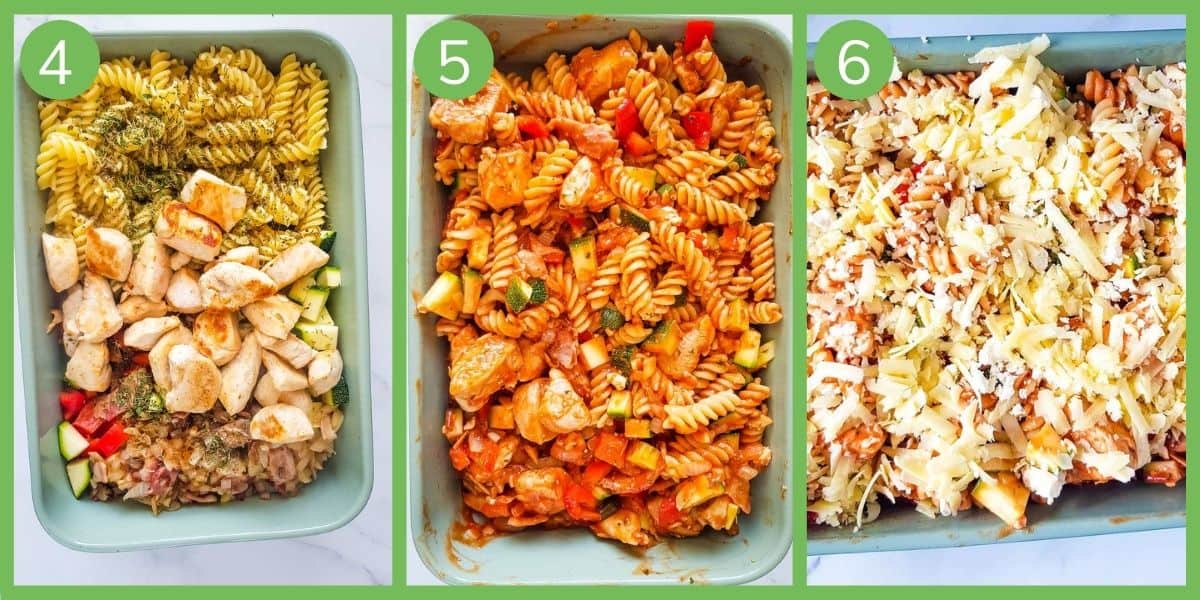 Step by step how to make bacon and chicken pasta bake.