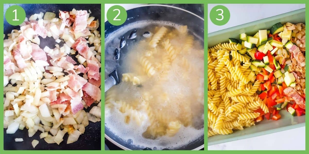 Step by step how to make chicken and bacon pasta bake.