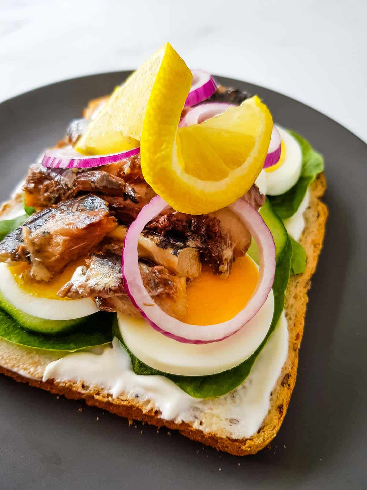 Sardine sandwich with cucumbers, lemon, eggs and onion.