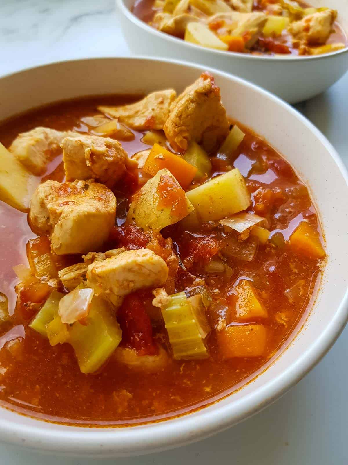 Chicken stew with tomatoes, potatoes, carrots and celery.