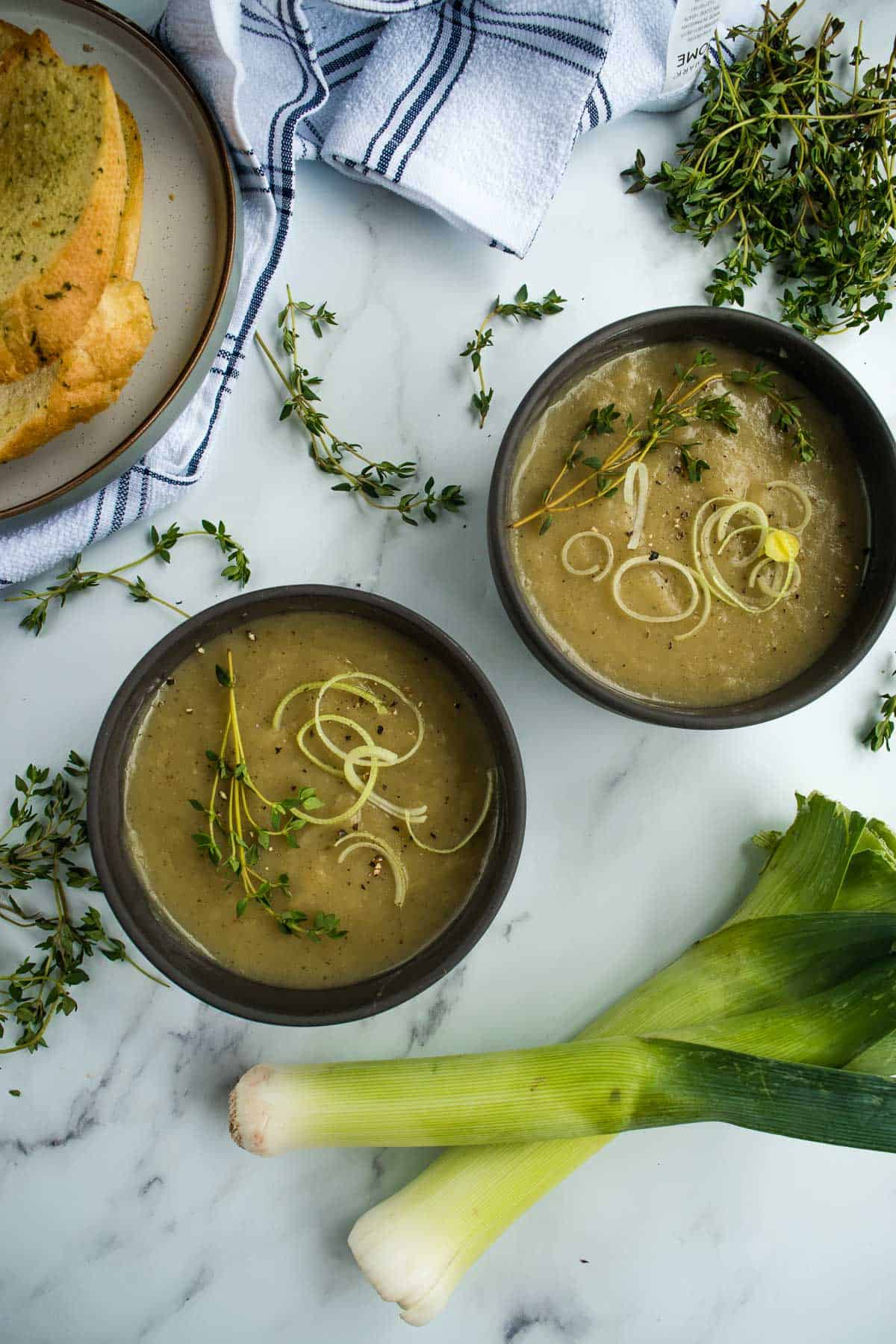 Leek and potato soup in bowls.