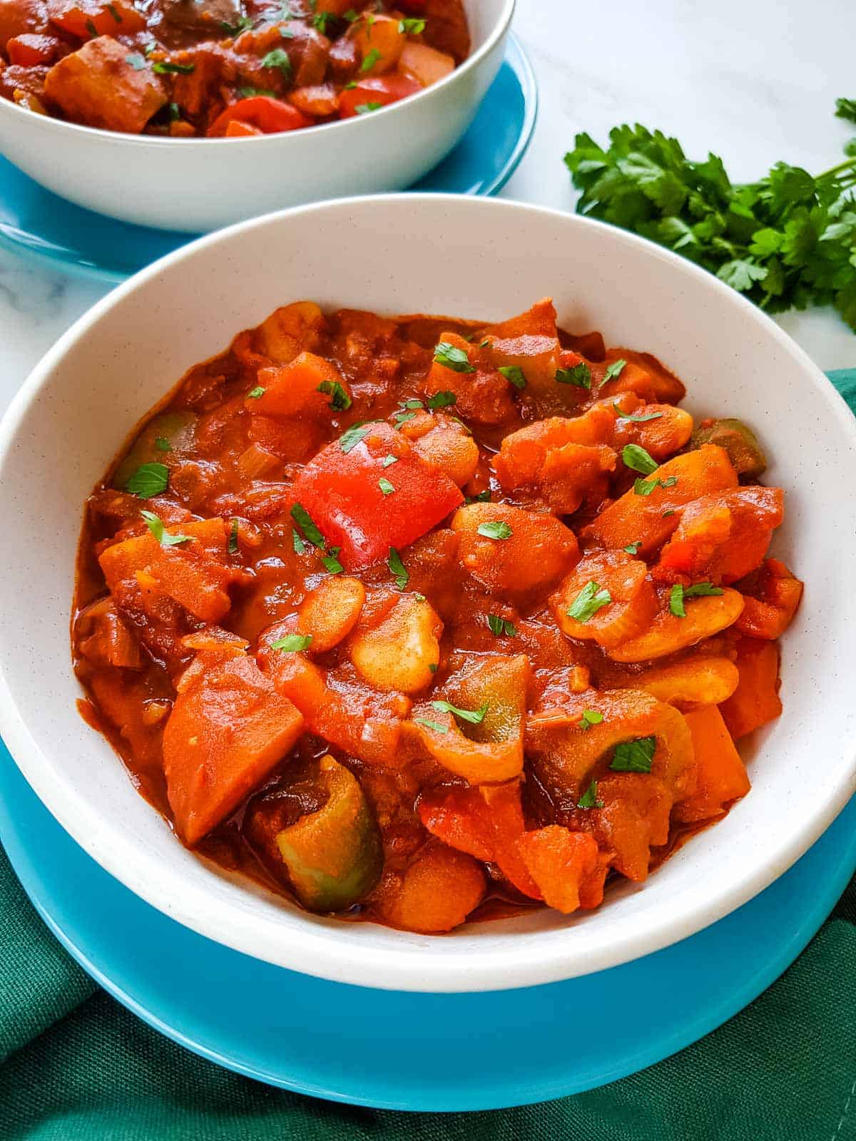 Vegetable paprika stew in a bowl.