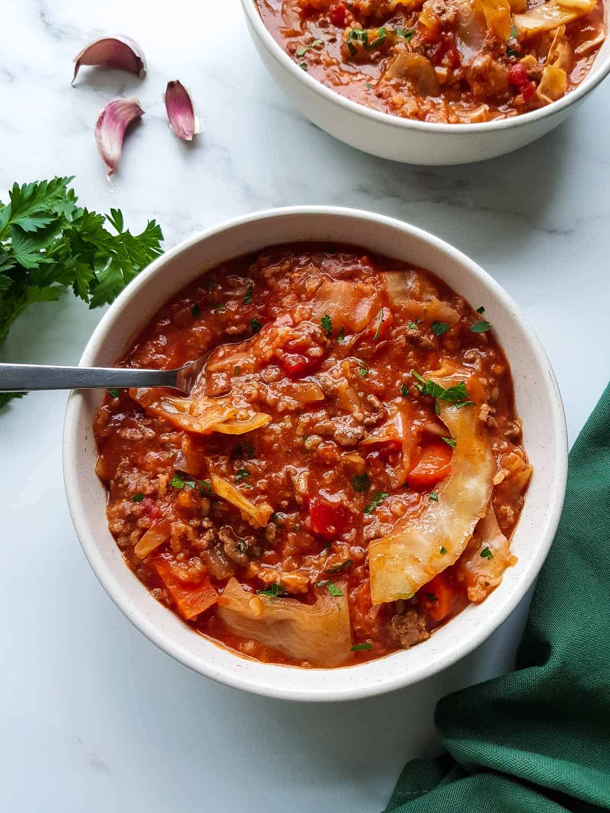 Bowl of cabbage roll soup.